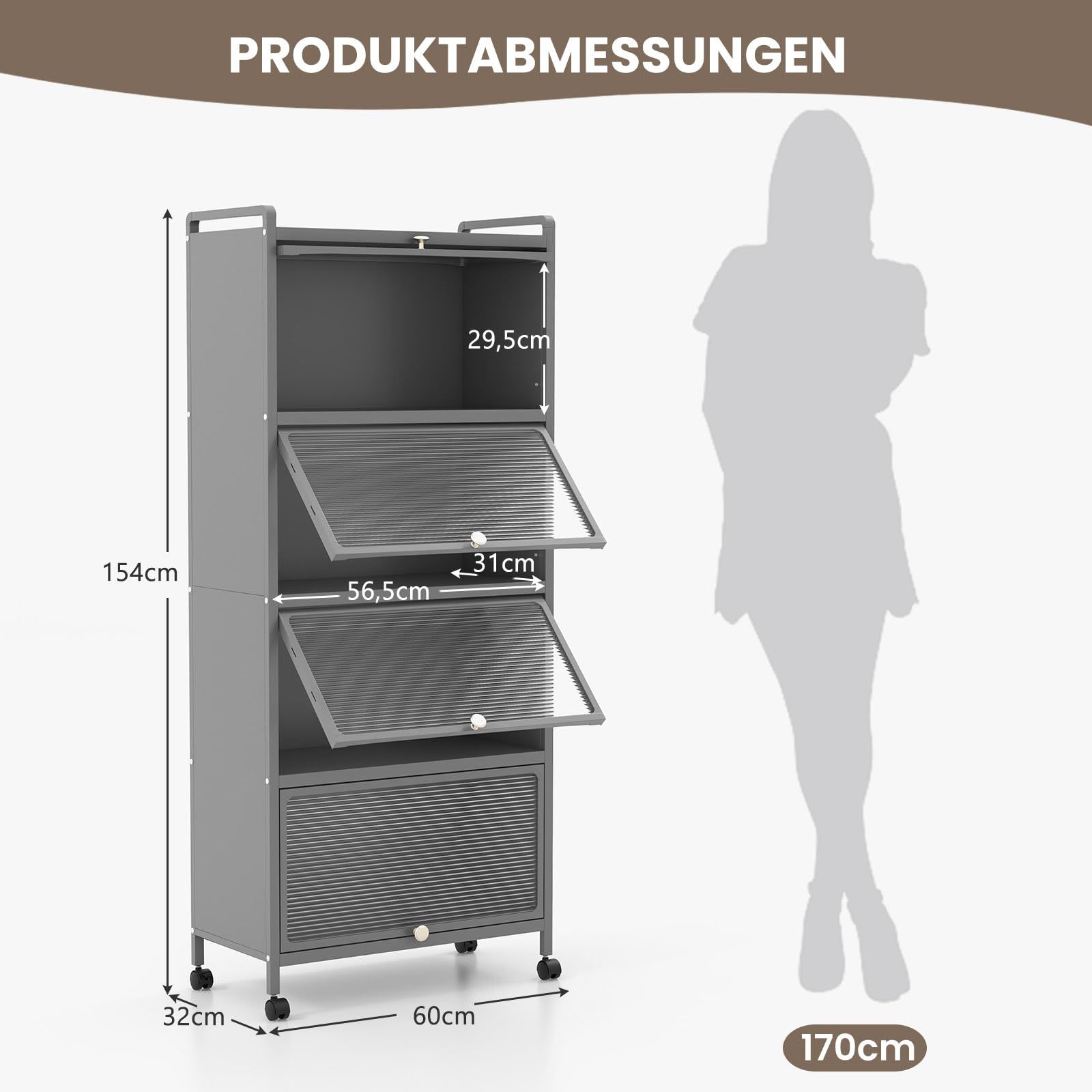 COSTWAY Küchenschrank hoch, Küchenregal mit Rollen, 5-stufig, Mikrowellenständer mit aufklappbaren PC-Türen & Kippschutz, Standregal Hochschrank, für Küche Esszimmer Wohnzimmer (Grau)