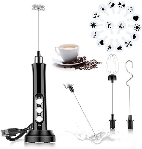 Espumador de leche recargable de mano mezclador de espuma eléctrica para bebidas con 3 batidores de acero inoxidable de 3 velocidades ajustables,