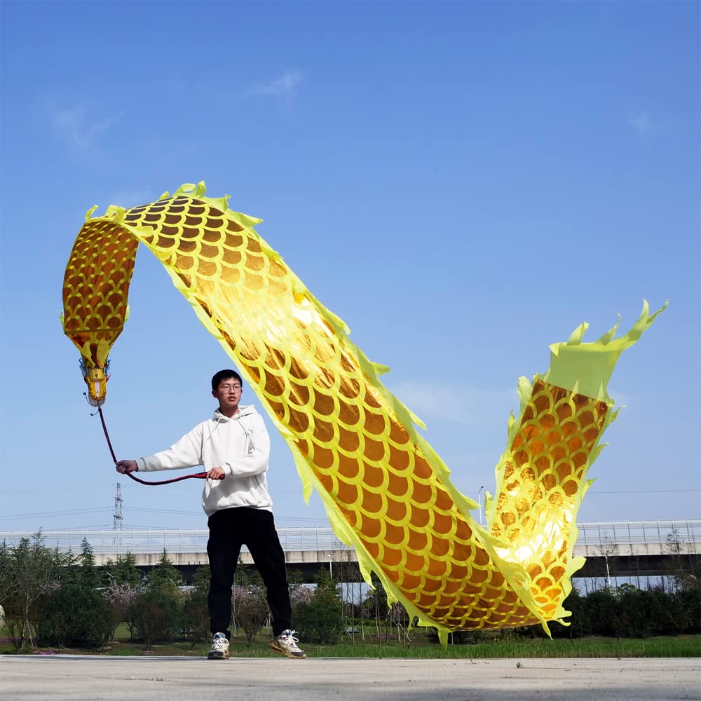 Golden Dragon Poi with 3D Real-Like Plastic Dragon Head and Swing Rope Combo, Chinese Dragon Dance Wulong Flowy Flinging Dragon Body Ribbon Streamer