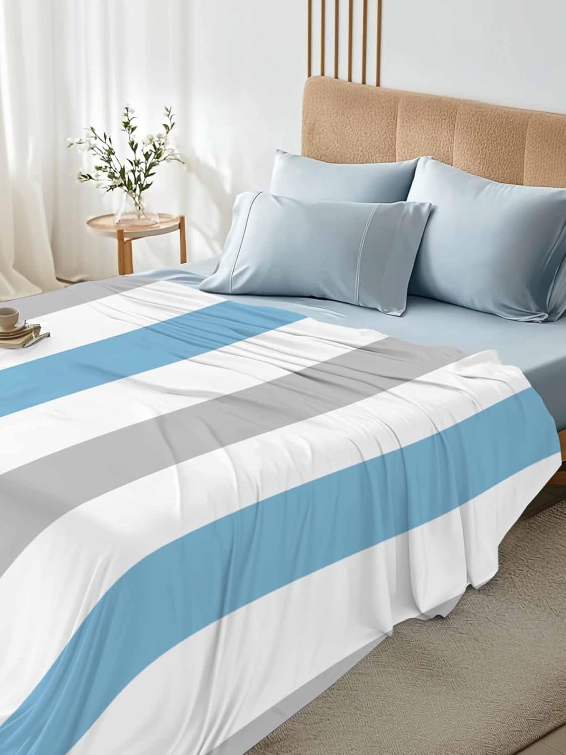 Top Sheet Full Bedding Flat Sheet Only, Abstract Blue Gray Striped Microfiber Bed Sheets Soft Breathable Bedding Flat Sheets, Modern Minimalist Art Hotel Luxury Top Sheets