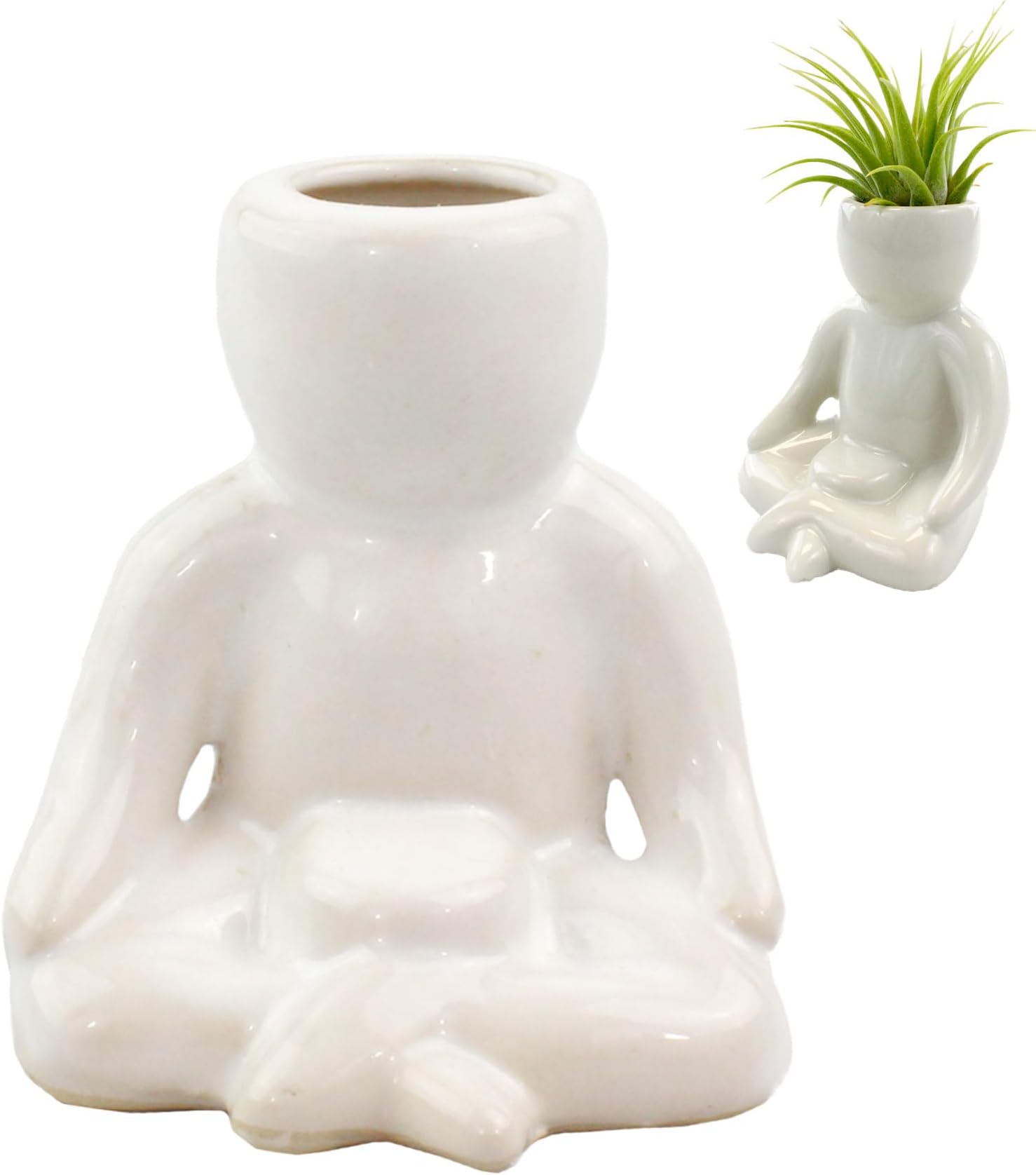 NW Wholesaler 3.25 Inch White Ceramic Meditating Person Shaped Planter for Air Plants - (Air Plant Holder only) - Table Top Display Vases and Planters for Air Plants and Other Mini Plants