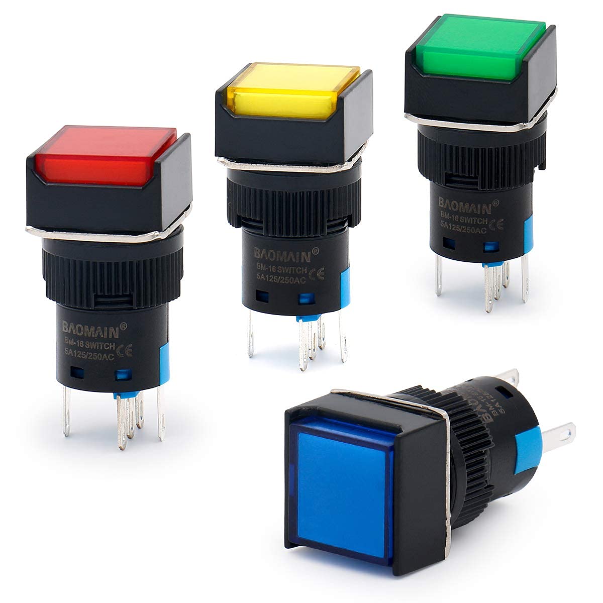 KAMCON? 16mm Push Button Switch Momentary Square Cap LED Lamp Red, Yellow,Blue,Green Light DC 24V SPDT 5 Pin (1 Set of RBGY)-image-38