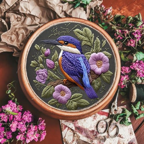Image of FONNUY Embroidery Kit for Beginners, Birds with Flowers Pre-Stamped Pattern Kits for Adults with Hoop, Easy to Follow Color Thread Needlework, 8'' Hoop (Purple 1)