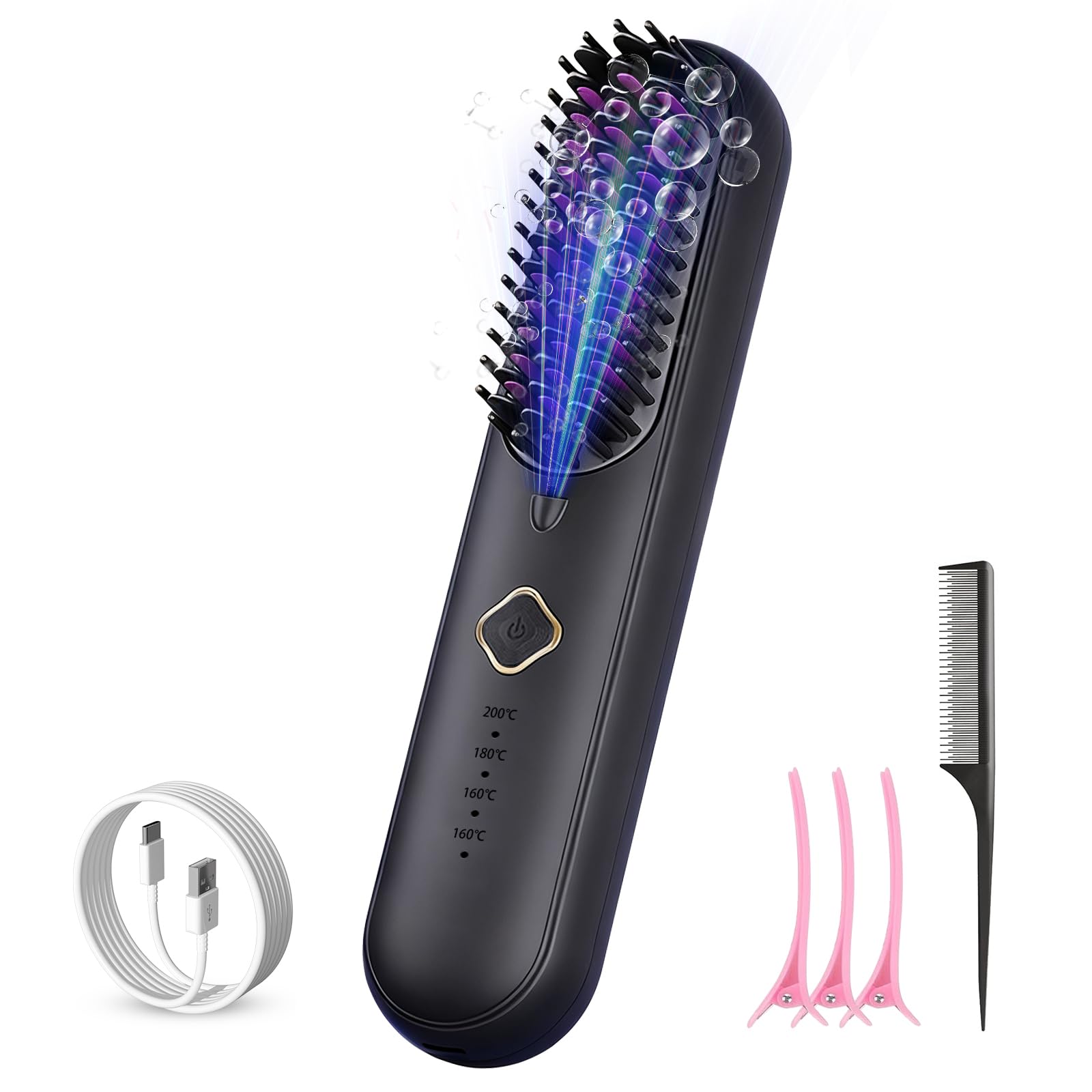 Mini Haarglätter Bürste, Tragbare Glättbürste Kabellos, Professionelles Haarwerkzeug zum Stylen, 4 Temp Einstellungen (140℃-200℃) & Verbrühungsschutz, Ionen Haarglätter für Alle Haarlängen