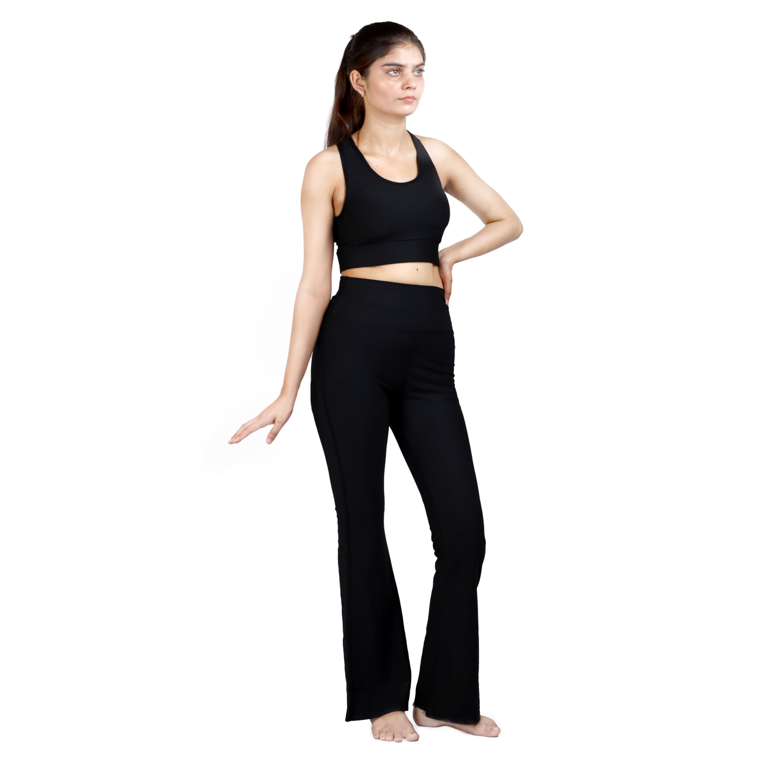 High Waist Gym Dobby Tights Flair Pant and Stylish Bra Active Wear Yoga Flair Pants Dance Womens Workout Tights and Top Stretchable Sportswear Set-image-15