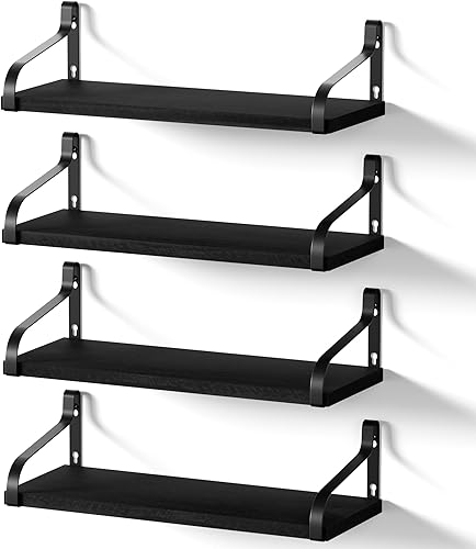 Love-KANKEI Juego de 4 estantes flotantes negros para pared, estantes de pared de madera de 15.7 pulgadas con soporte, estantes colgantes rústicos