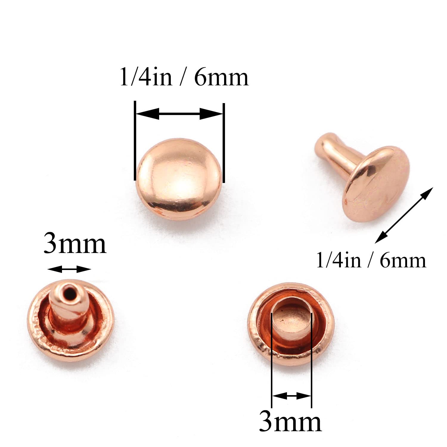 Pro Bamboo Kitchen 120pcs 6x6mm Rose Gold Double Cap Rapid Rivets Round Head Decorative Rivets DIY Leather Craft Studs
