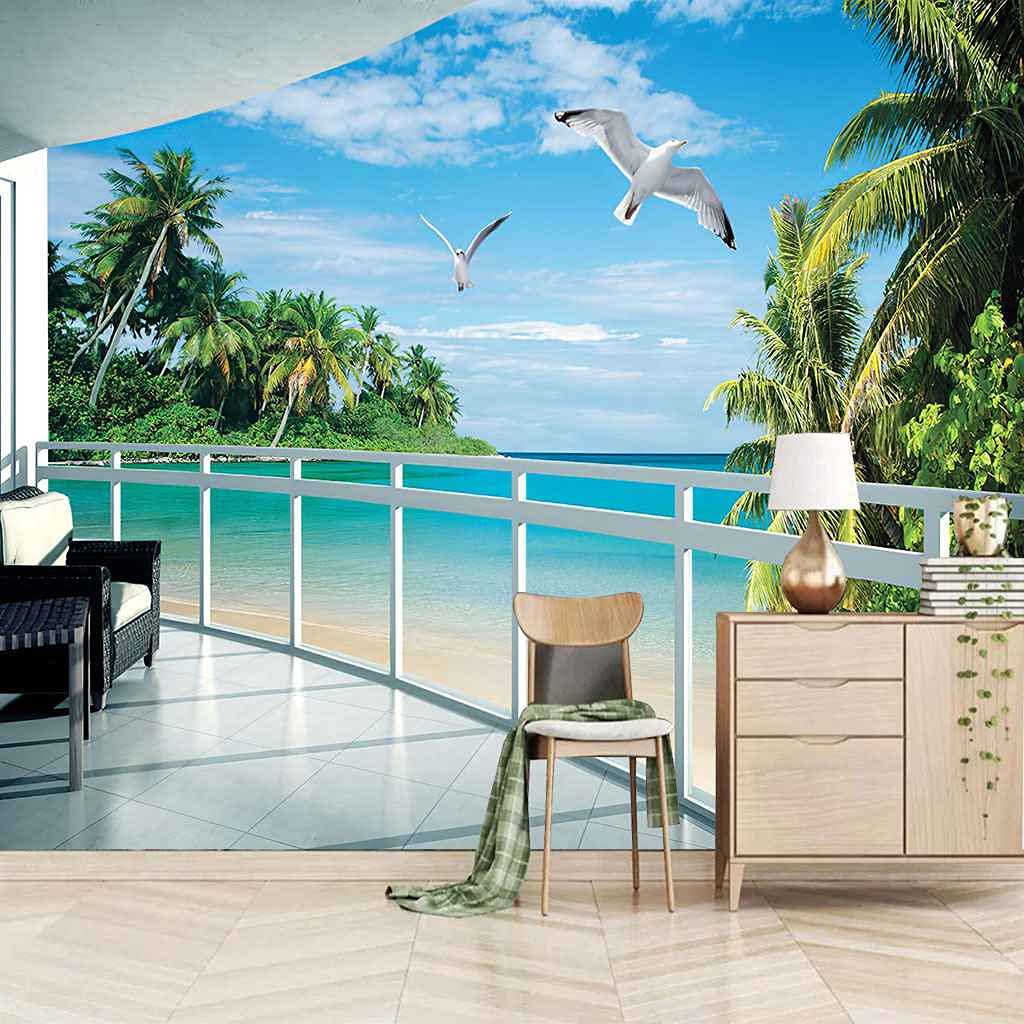 Papier peint photo 3D mer pour un salon lumineux effet balcon