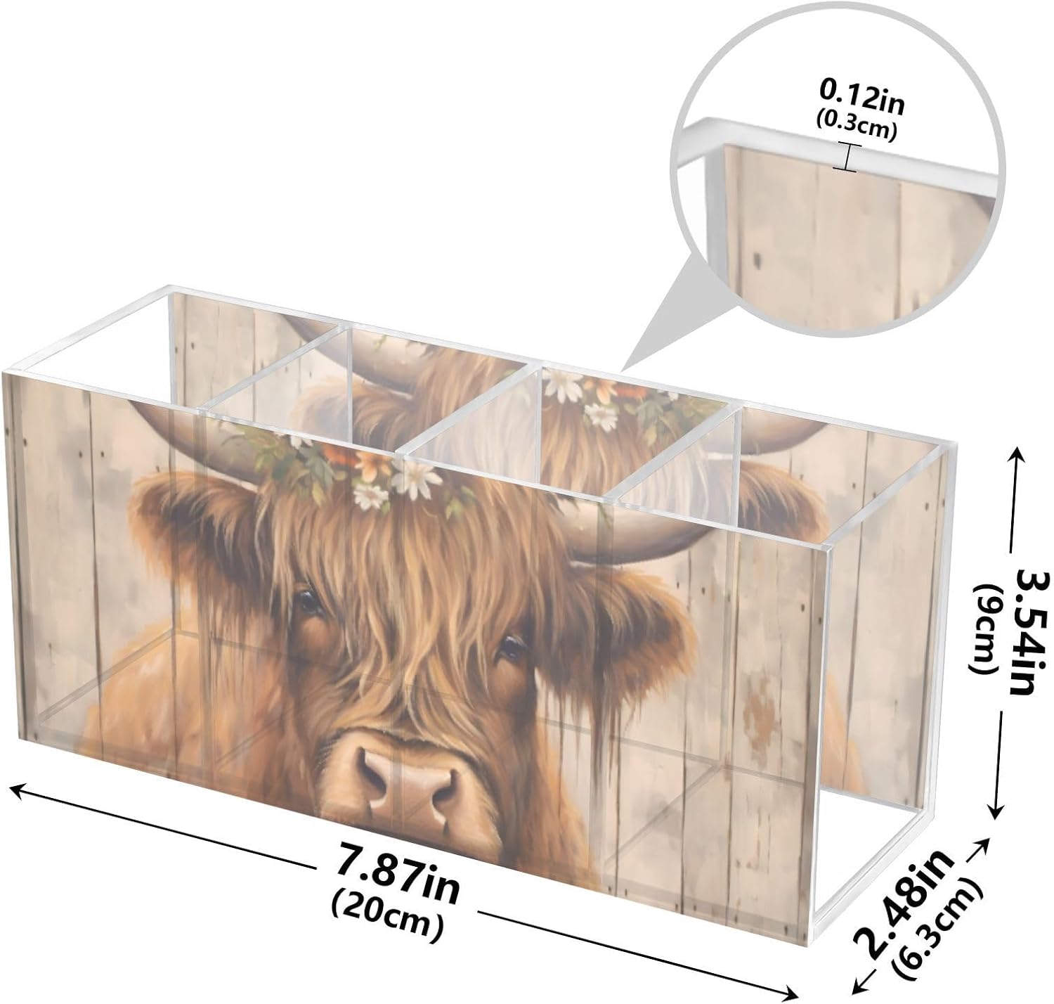 Acrylic Pen Holder Vintage Board Highland Cow 4 Compartments Funny Cute Cool Anime Acrylic Pen Organizer Pencil Holder for Desk Hair Brush Holder
