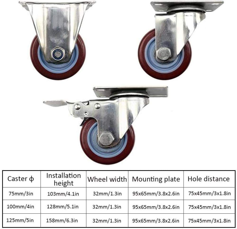 Roue de Roulette Rouge X4 roulettes pivotantes 3/4 / 5in roulettes de Frein silencieuses Support en Acier Inoxydable adapté aux Chariots Équipement de mobilier industriel-5in125mm_