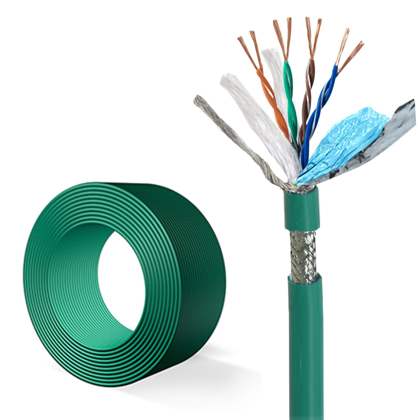 Câble Réseau SFTP Cat6e 26 AWG – Gaine PUR, OFC 8 Conducteurs, Double Blindage, Homologué CMR, Flexible Industriel, Câblage Intérieur Rouleaux De 50/100/200/300 M(650ft,26AWG-green-cat6e-8c-PUR)
