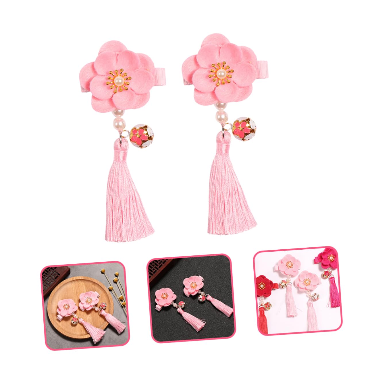 VICASKY 1Pair Flower Tassel Barrette Hair Grip for Chinese Hair Clip with Decorative Faux Flowers for Easy Styling and Special Occasions
