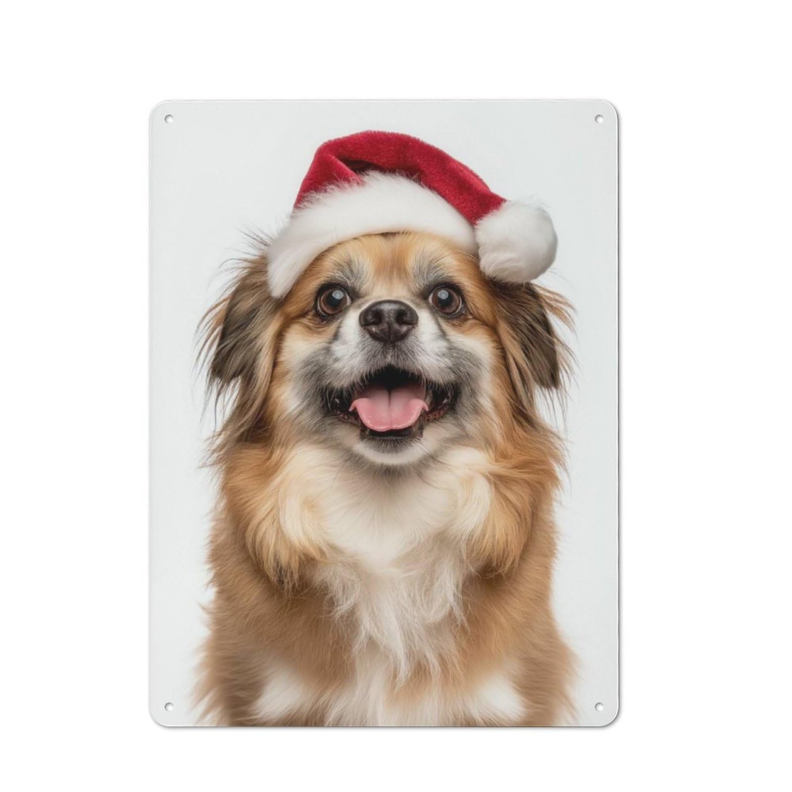 Junmoney Tibetan Spaniel Dog With Santa Hat Rustic Tin Sign 40X30cm Featuring For Bar Or Restaurant, A Housewarming Gift For Bar Decor Enthusiasts