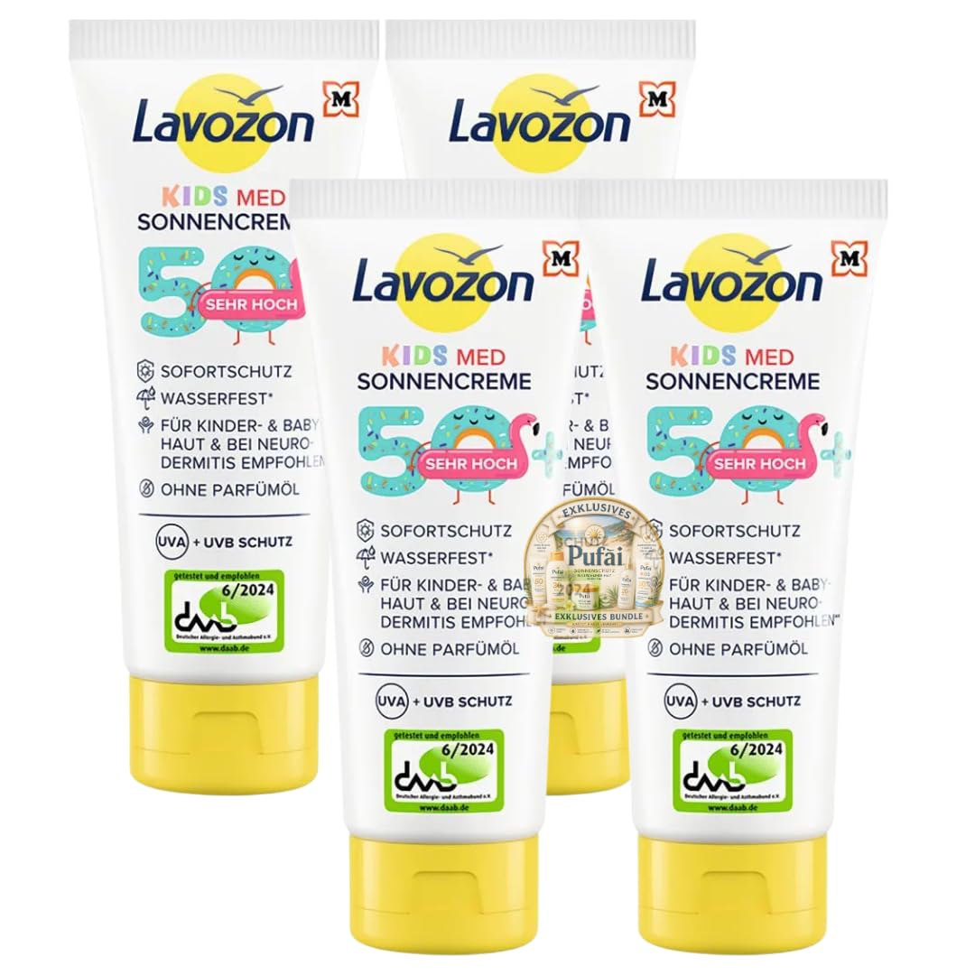 PUFAI Bundle – Kids Med Sonnencreme LSF 50+ 100ml x4 – Sehr hoher UV-Schutz, Für Kinderhaut, Cremeformat