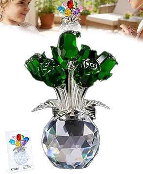 Crystal Colorful Rose Flower Collectible Figurine with Vase Artificial Flowers Bouquet Glass Floral Arrangement Home Table Decor Romantic Gifts for Mom Women Mothers Day AnniversaryGreen