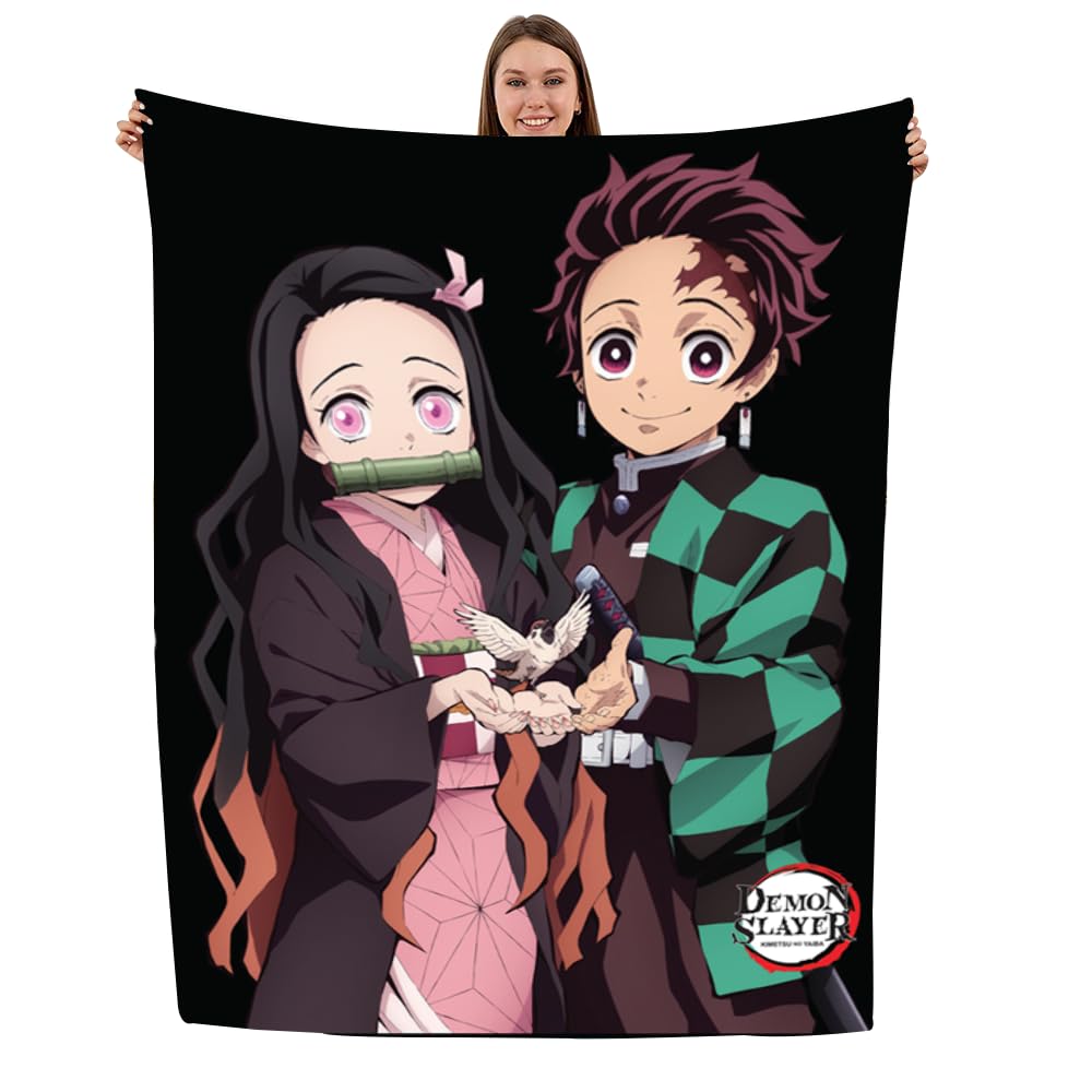Demon Slayer Tanjiro & Nezuko Throw Blanket - Super Soft Fleece & Sherpa, 45x60 Inches, Anime Gifts