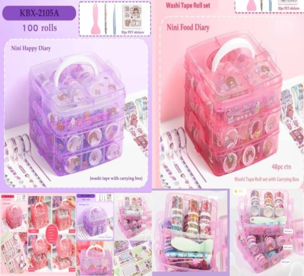 Image of Washi Tape Set - 100 Pcs Decorative Designer Tapes + 20 Kawaii Stickers, Tweezer, Pen, Spatula in 3-Layer Storage Box | Masking Tapes for DIY Crafts, Journaling, Scrapbooking (MODEL 2)