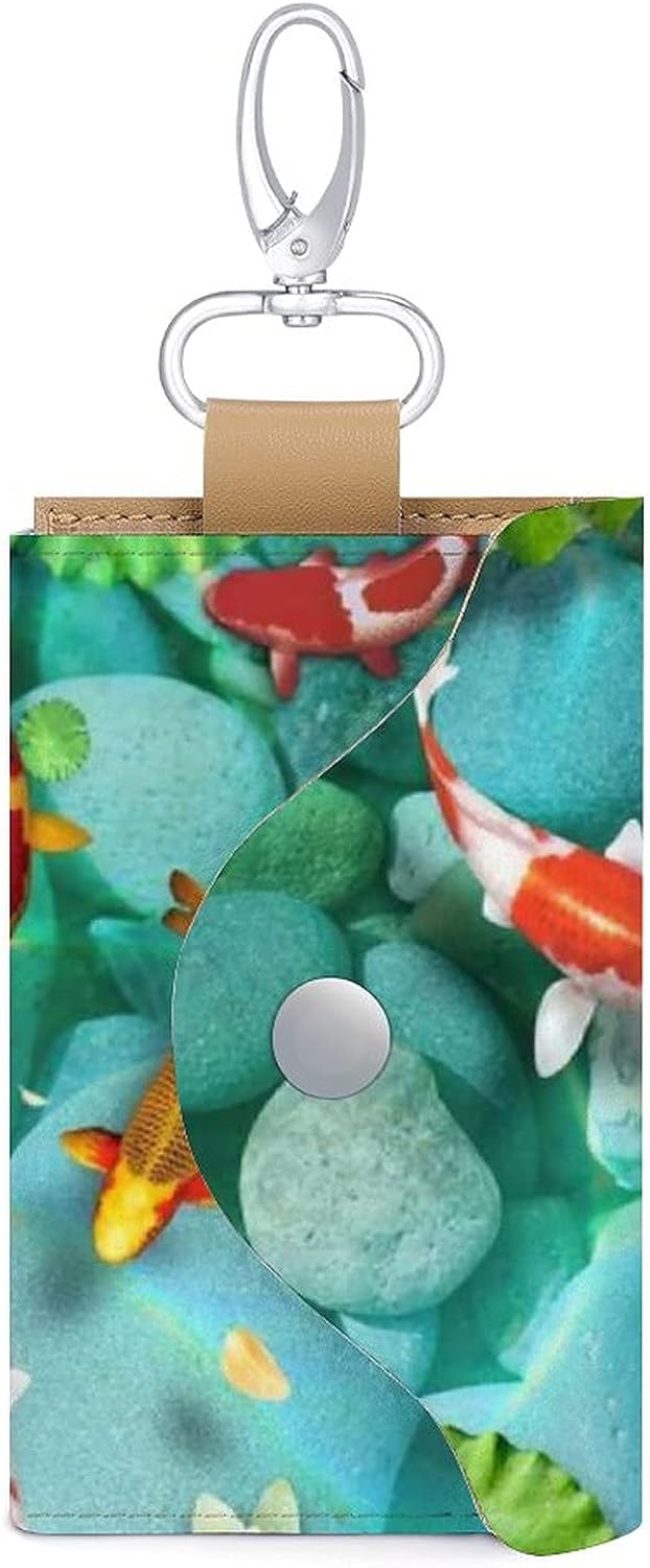 Japanese Pretty Koi Fish Print Leather Key Holder Pouch 6 Hooks Key