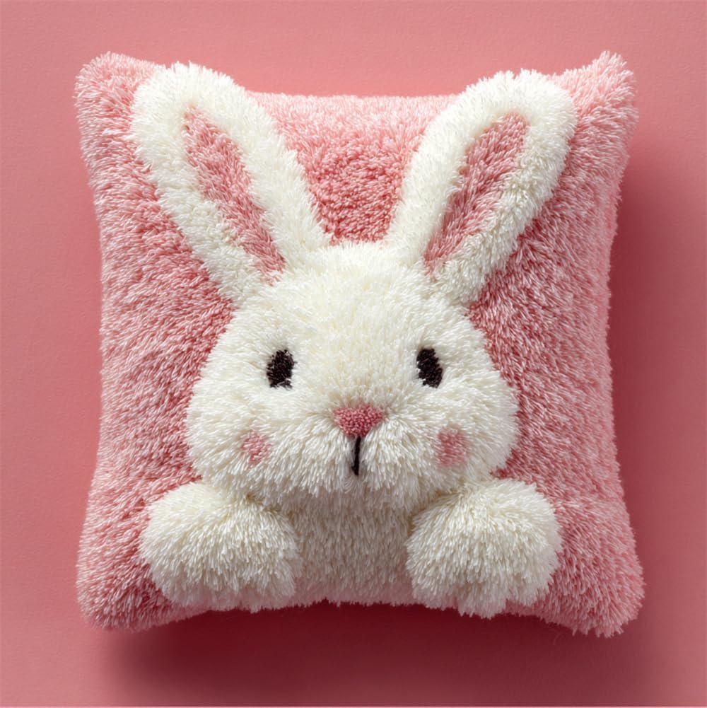 RKFLGEW Latch Hook Kits for Adults Beginners, Little White Rabbit 17X17 in Pre-Printed Latch Hook Pillow Kit, Craft Rug Making Kits, DIY Embroidery Cushion for Home Sofa Decor & Gift Idea