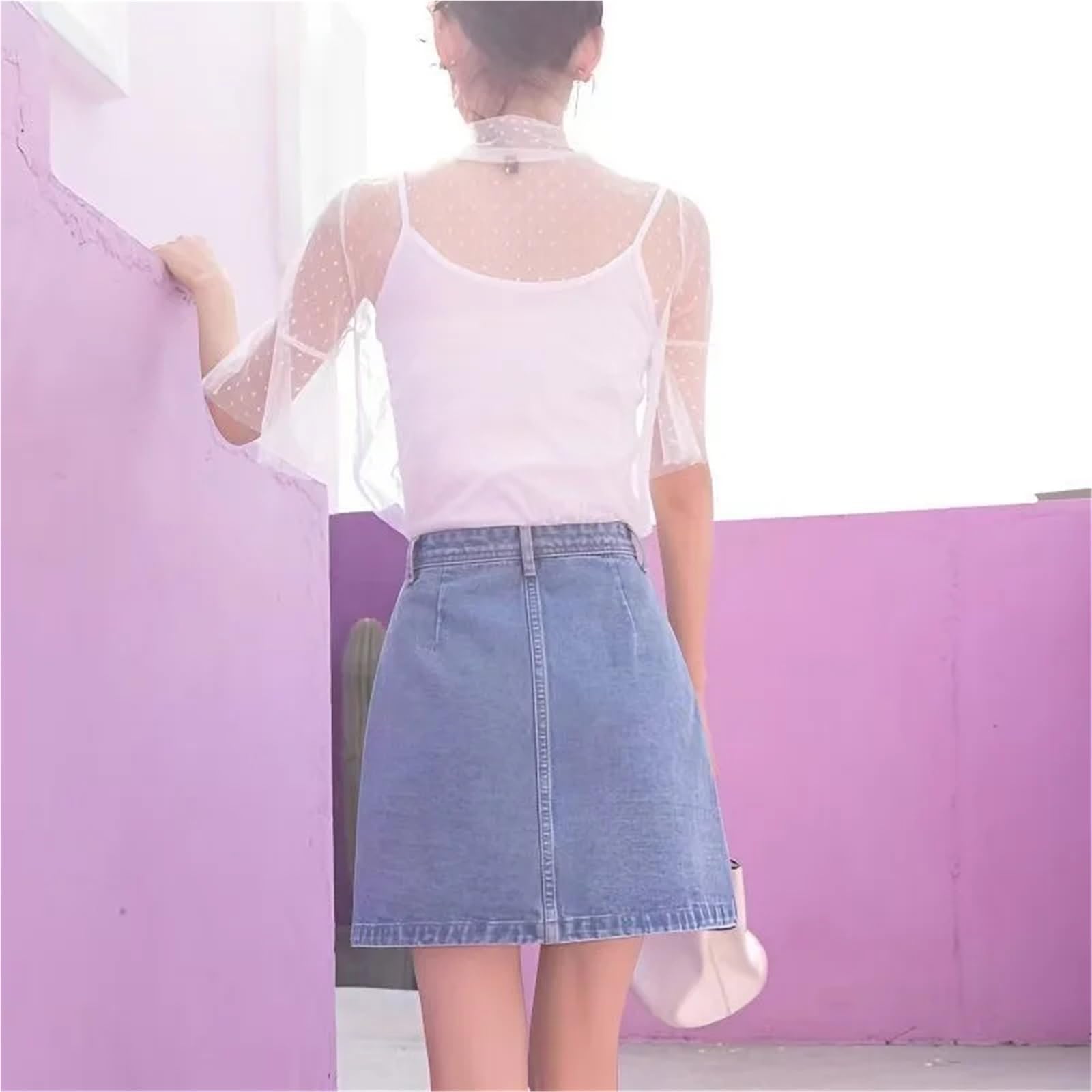 Falda Corta de Mezclilla Acampanada Cintura Alta for Primavera y Verano para Mujer