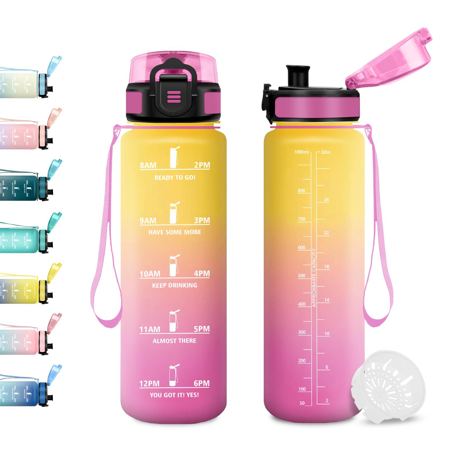 Borraccia 1L, Borraccia Motivazionale con Filtro, A Prova di Perdite, Bottiglia Acqua con Indicatore del Tempo, per Fitness, Viaggi, Ufficio