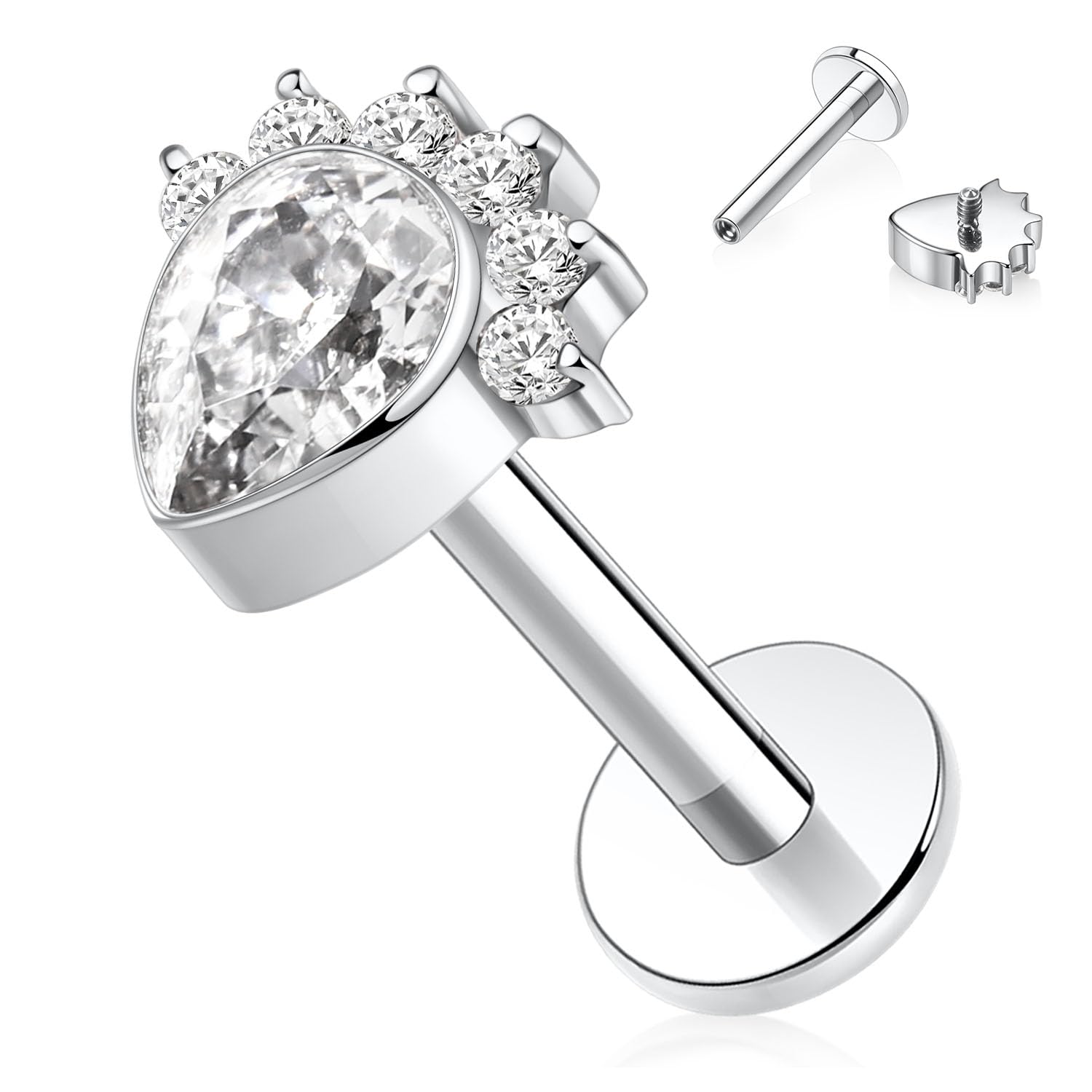 hengkaixuan 16G Titanium Labret Studs - Internally Threaded Flatback - Unisex - Silver - Piercing Jewellery — view 44