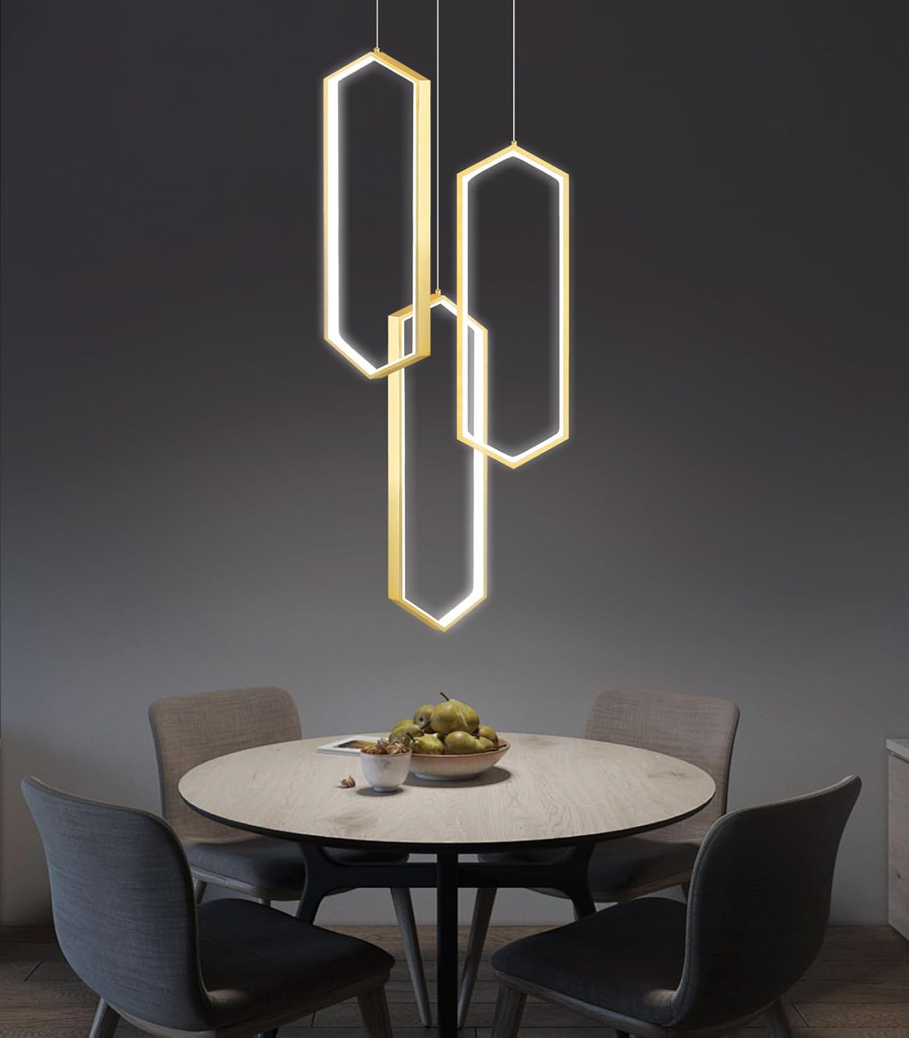 3-Rings Dimmable Pendant Lighting Adjust LED Chandelier Ceiling Light Fixtures for Kitchen Island Dining Room Living Room Bedroom Gold