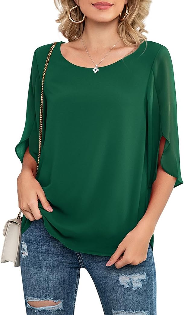 Neineiwu Womens Casual Scoop Neck Loose Top 3/4 Sleeve Chiffon Blouse Shirt Tops - Image 2