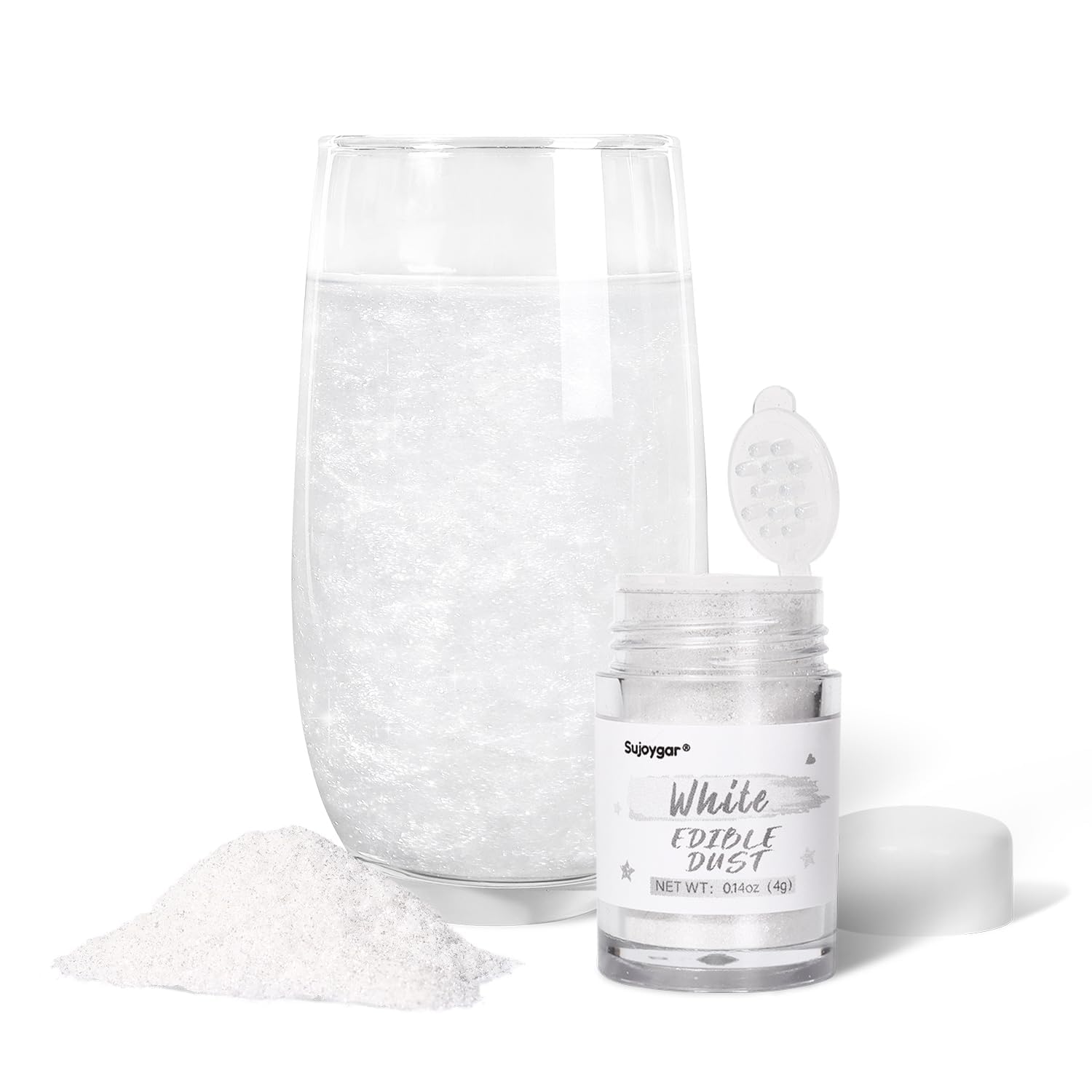 Shimmer White Edible Glitter for Cocktails, Sujoygar 4g Luster Dust Edible Drink Glitter Powder for Cake Vodka Chocolate Wine Cupcake Baking Food Grade