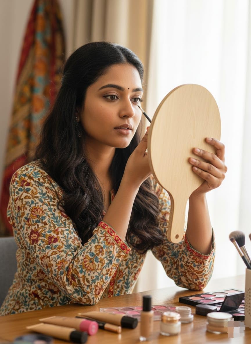 SIR INTERNATIONALHandheld Wooden Mirror – Round Makeup & Beauty with Natural Wood Handle, Portable Personal Grooming for Home, Salon, Travel