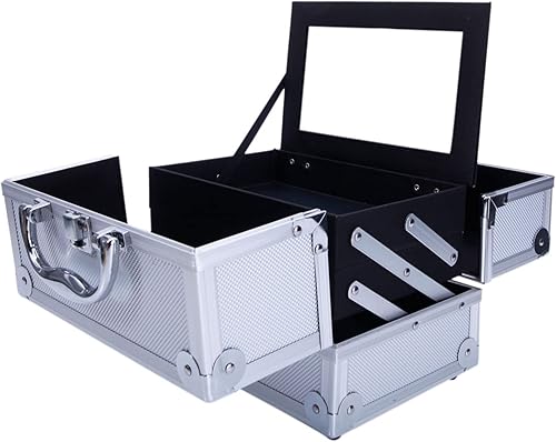 Miniatura 3 de Estuche de aluminio para el tren cosmético organizador de maquillaje con asa bloqueable con espejo organizador de cosméticos de viaje de gran