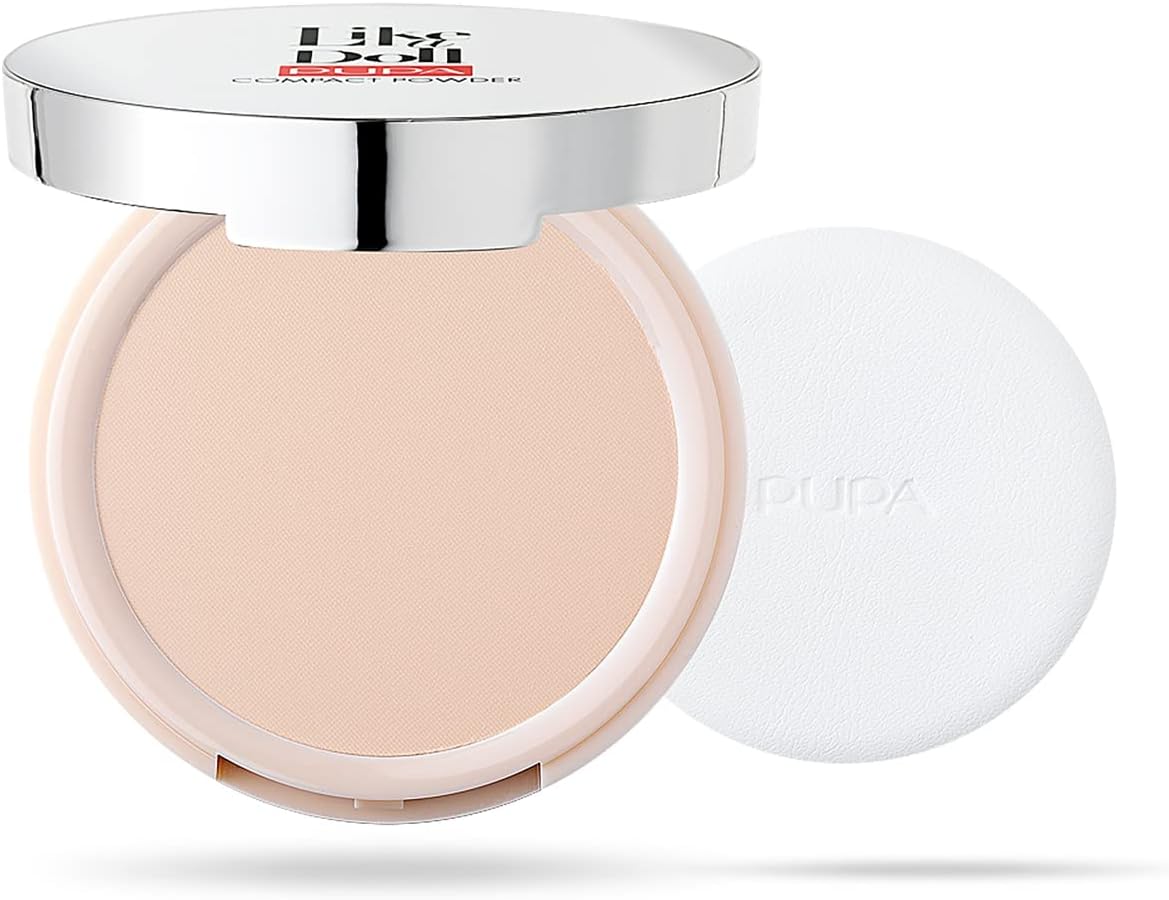 Pupa Milano Like A Doll Compact Powder - Naked Skin Effect and Radiant Matt Finish - For Smooth and Even Skin - Adjustable Coverage from Light to Medium - 002 Sublime Nude - 0.07 Oz