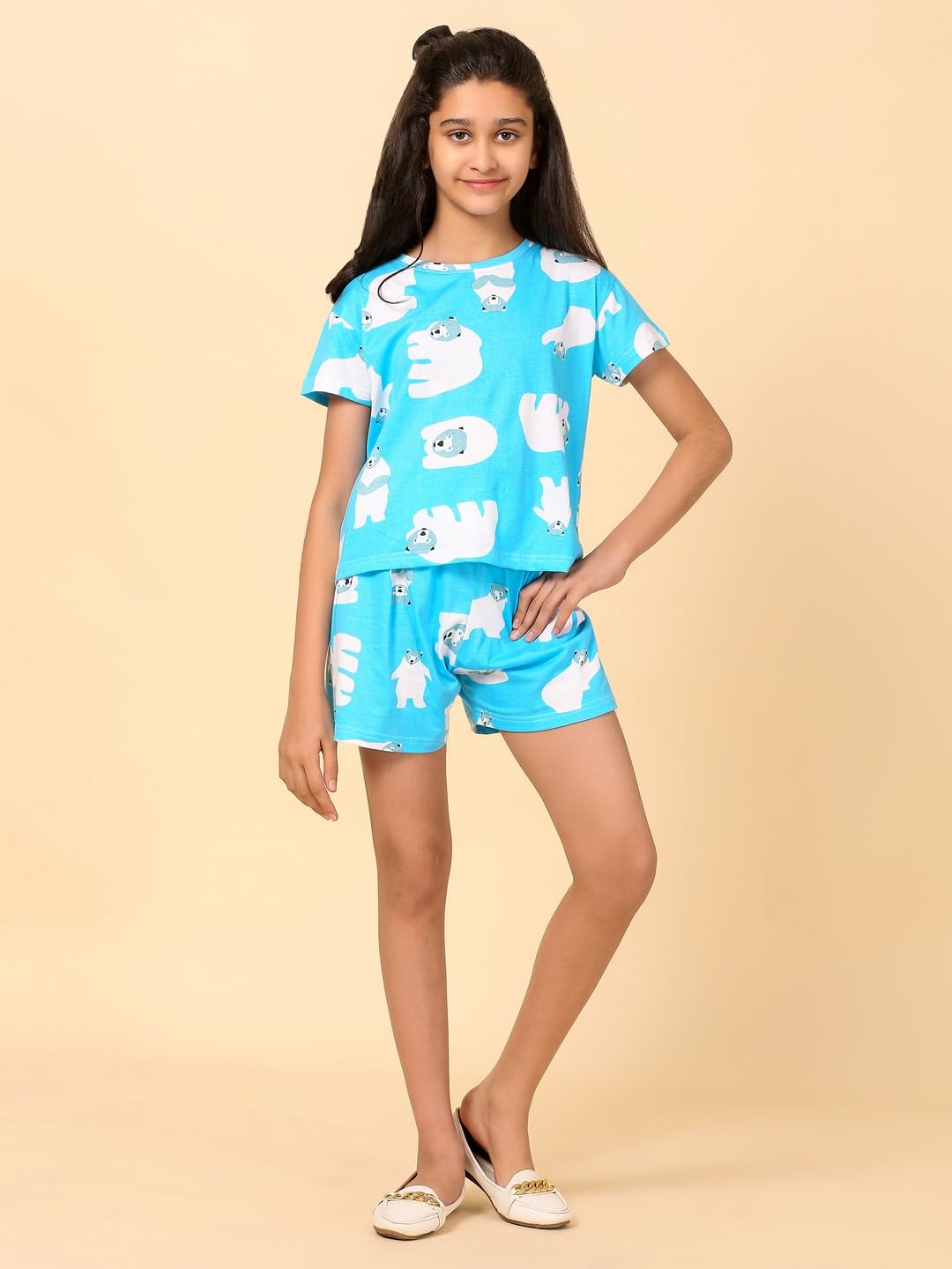 Ninos Dreams Cotton Knit Half Sleeves Polar Bear Print Night Suit -Light Blue - Image 3 thumbnail