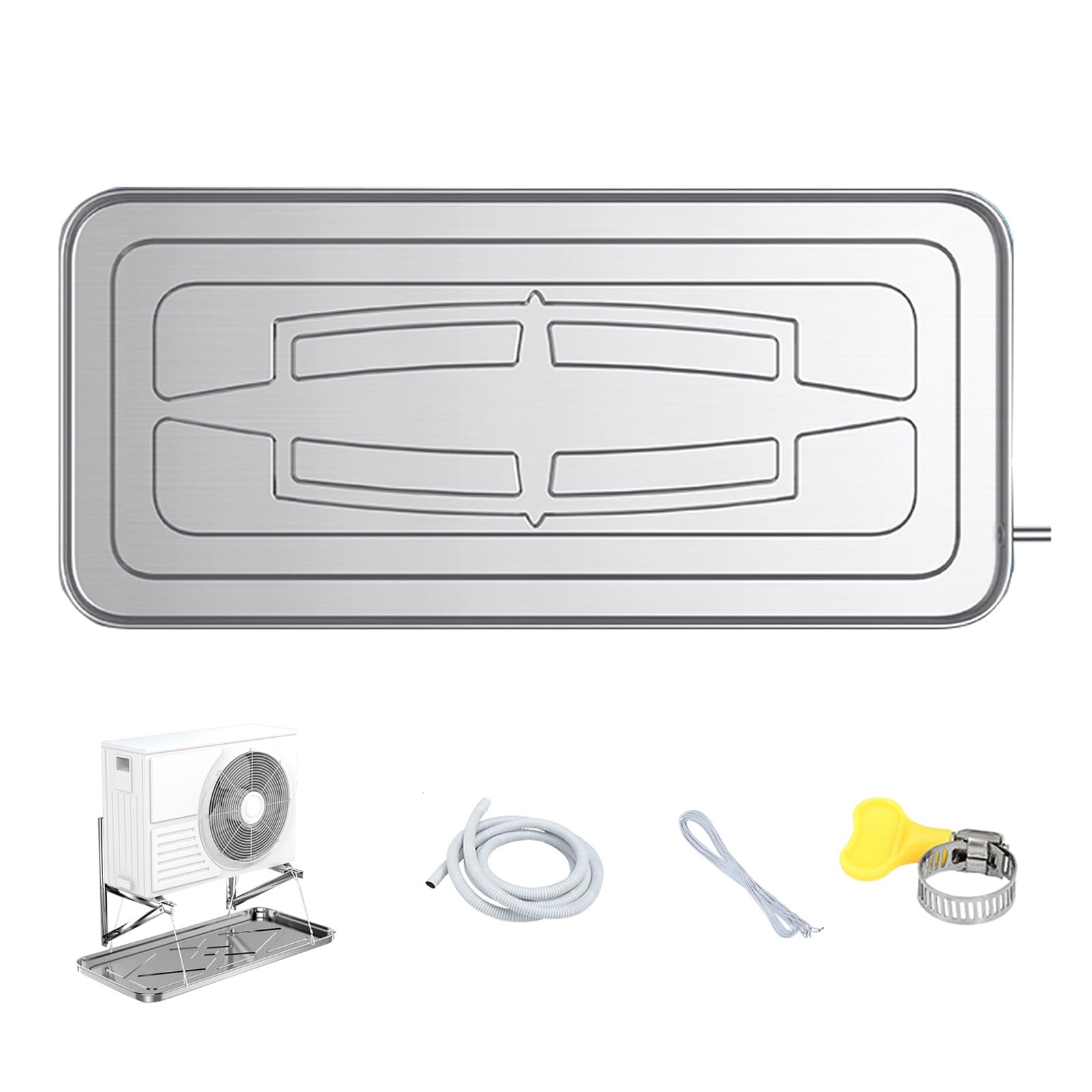 Bandeja de drenaje de aire acondicionado, bandeja de goteo universal de acero inoxidable con tubo para ventana central y unidades de aire acondicionado portátiles, solución esencial de recolección de