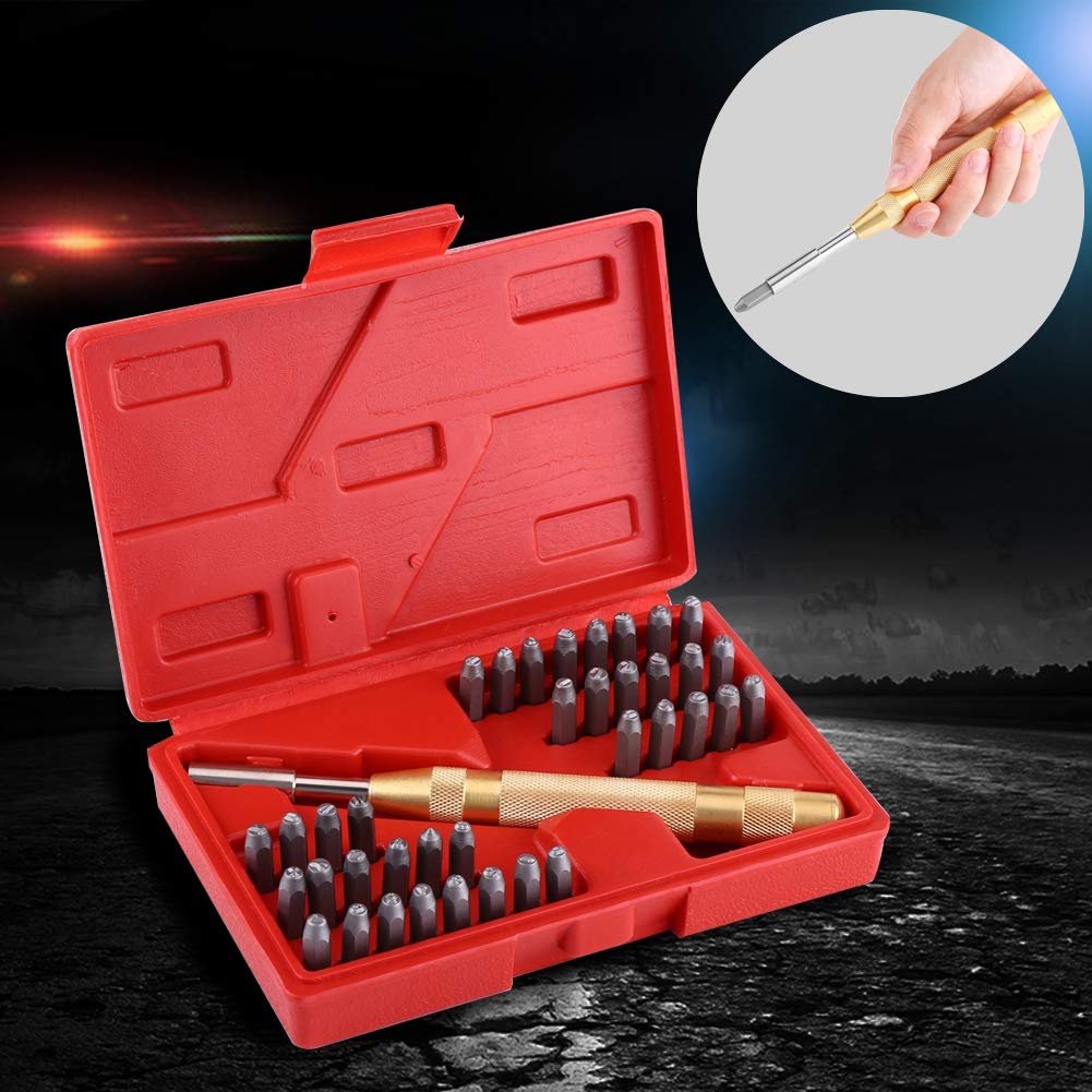 Lettre à Frapper, Coffret de 38pcs Poinçons Chiffres et Lettres avec Outil à Poinçons avec Poinçons Poinçons à Frappé Automatique 8 mm pour marquage sur métal, Bois, Cuir, etc