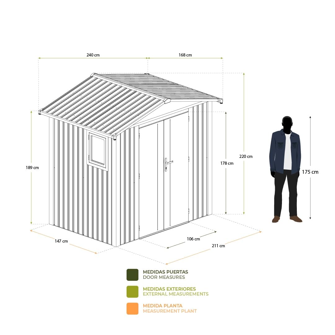 Gardiun Caseta Metálica Grunewald 4,03 m2 Exterior 240x168x220 cm de Acero con Ventana Lateral y Puerta Doble 106x178 cm