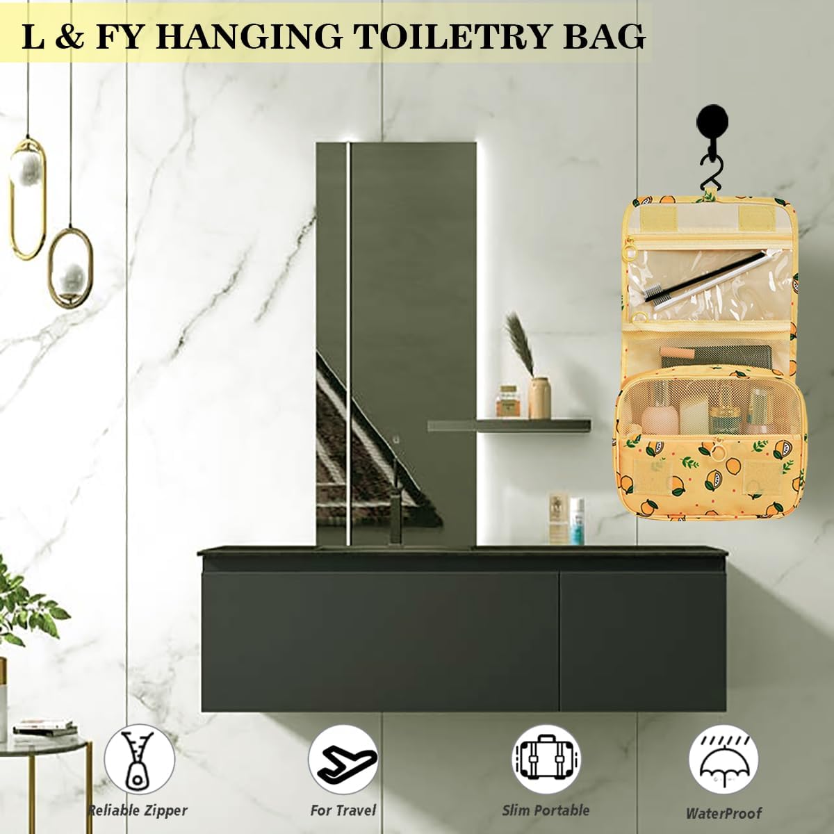 L&FY Hanging Travel Toiletry Bag Women's Cosmetic Organizer Makeup Pouch Men's Shaving Kits With Handle (Yellow Lemon) - Image 6