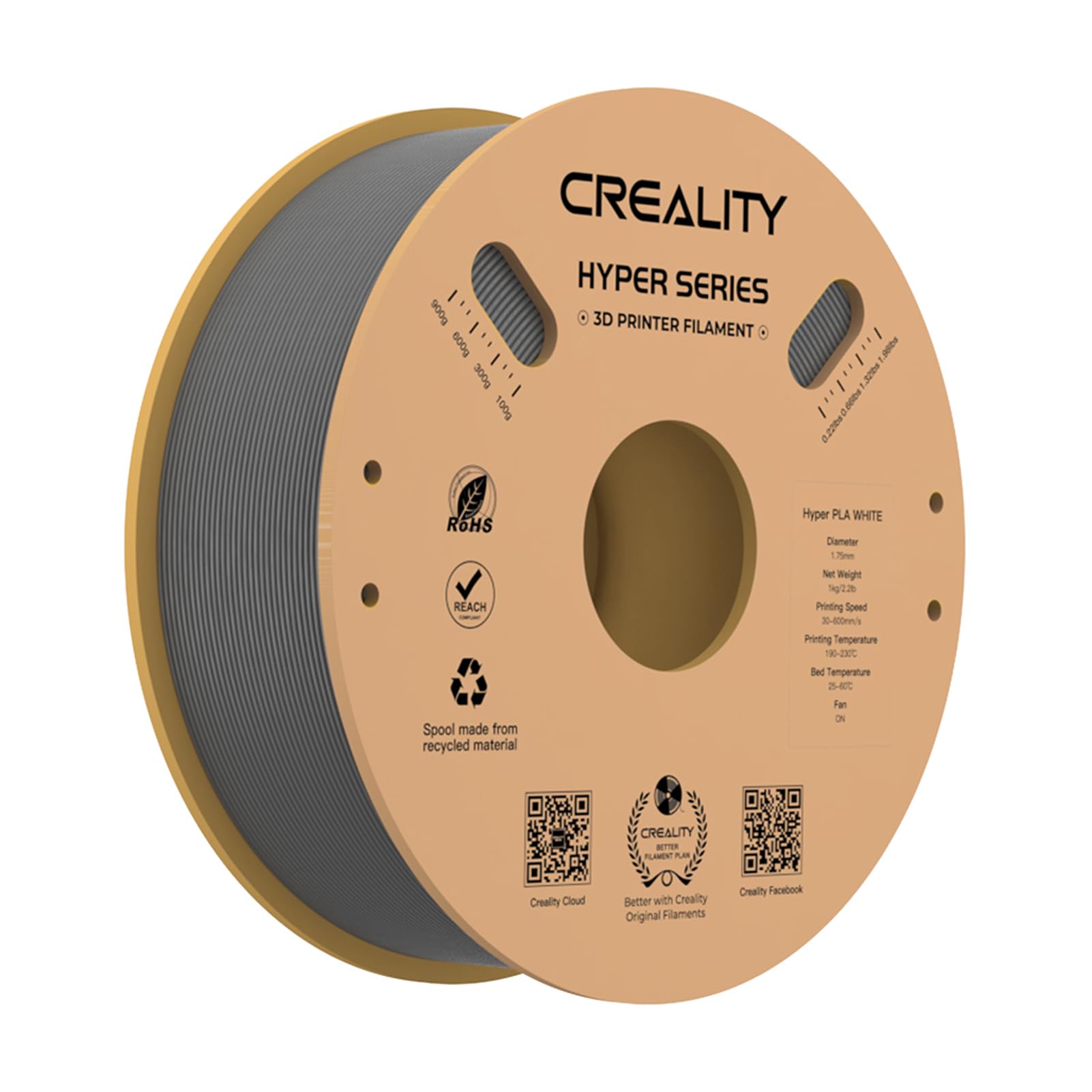 Hyper PLA Filament 1,75 mm High Fluidity 3D Printing Material Stabilna szpula do wytłaczania Rozmiar 1 kg (2,2 funta) Dokładność +/-0,03 mm, standardowy 1 rolka, szary Maiju