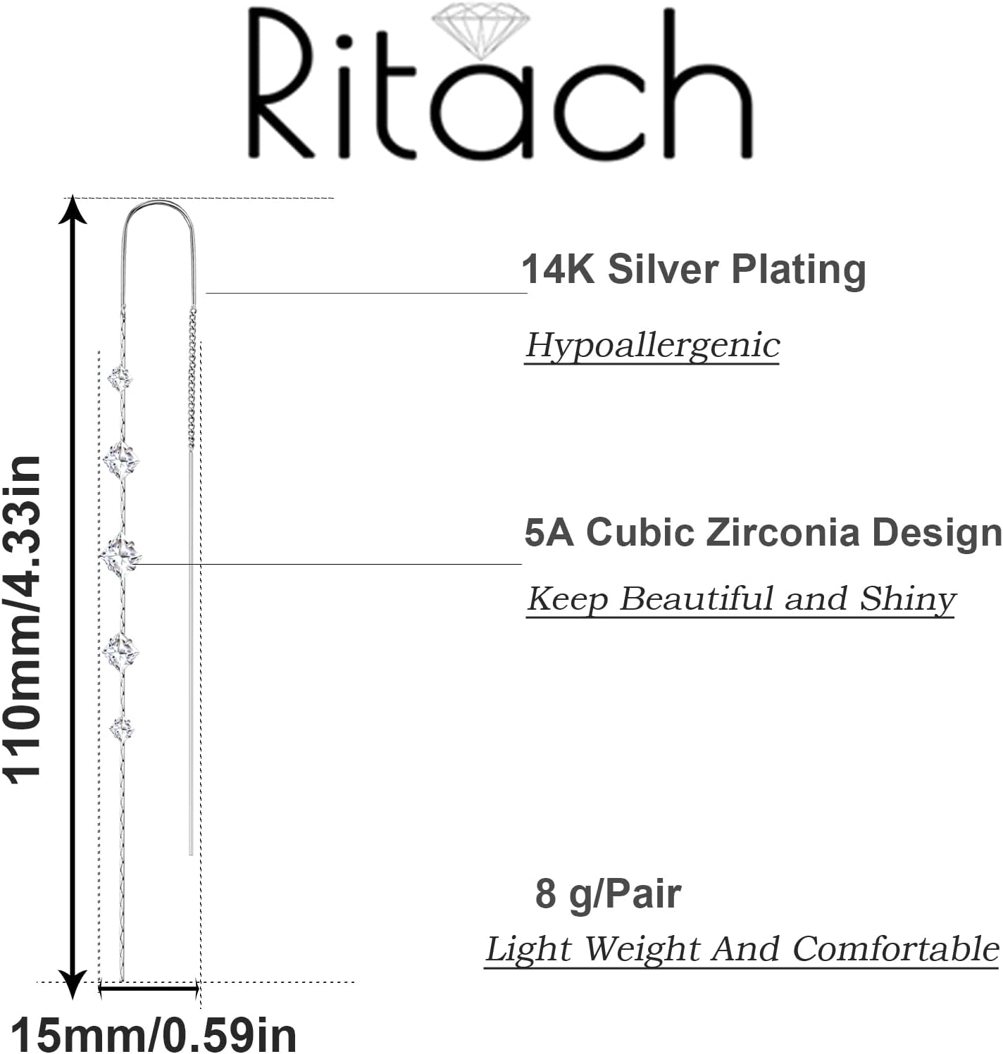 Ritach Silver Dangle Earrings for Women Long Silver Earrings Sparkly Dangle Drop Cubic Zirconia Jewelry for Gifts - Image 2