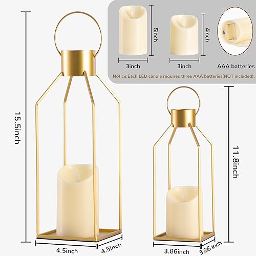 Miniatura 5 de NITIME 2 faroles decorativos de metal dorado de 1215 pulgadas (sin vidrio), faroles de metal dorado decorativos para exteriores con 2 velas LED