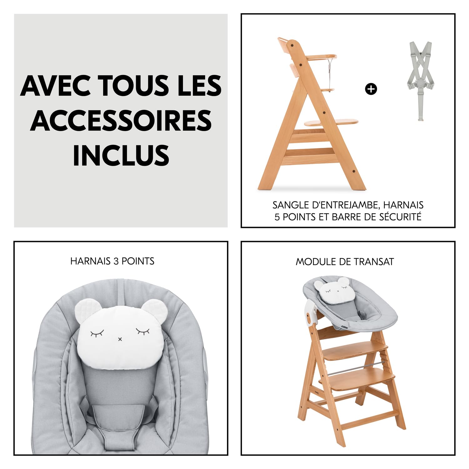 hauck Chaise Haute Bébé Evolutive en Bois Alpha Newborn Set Pre – dès la Naissance, Jusqu’à 90 Kg, Harnais 5 Points, Arceau de Sécurité et Réducteur Nouveau-Né, Naturel Gris