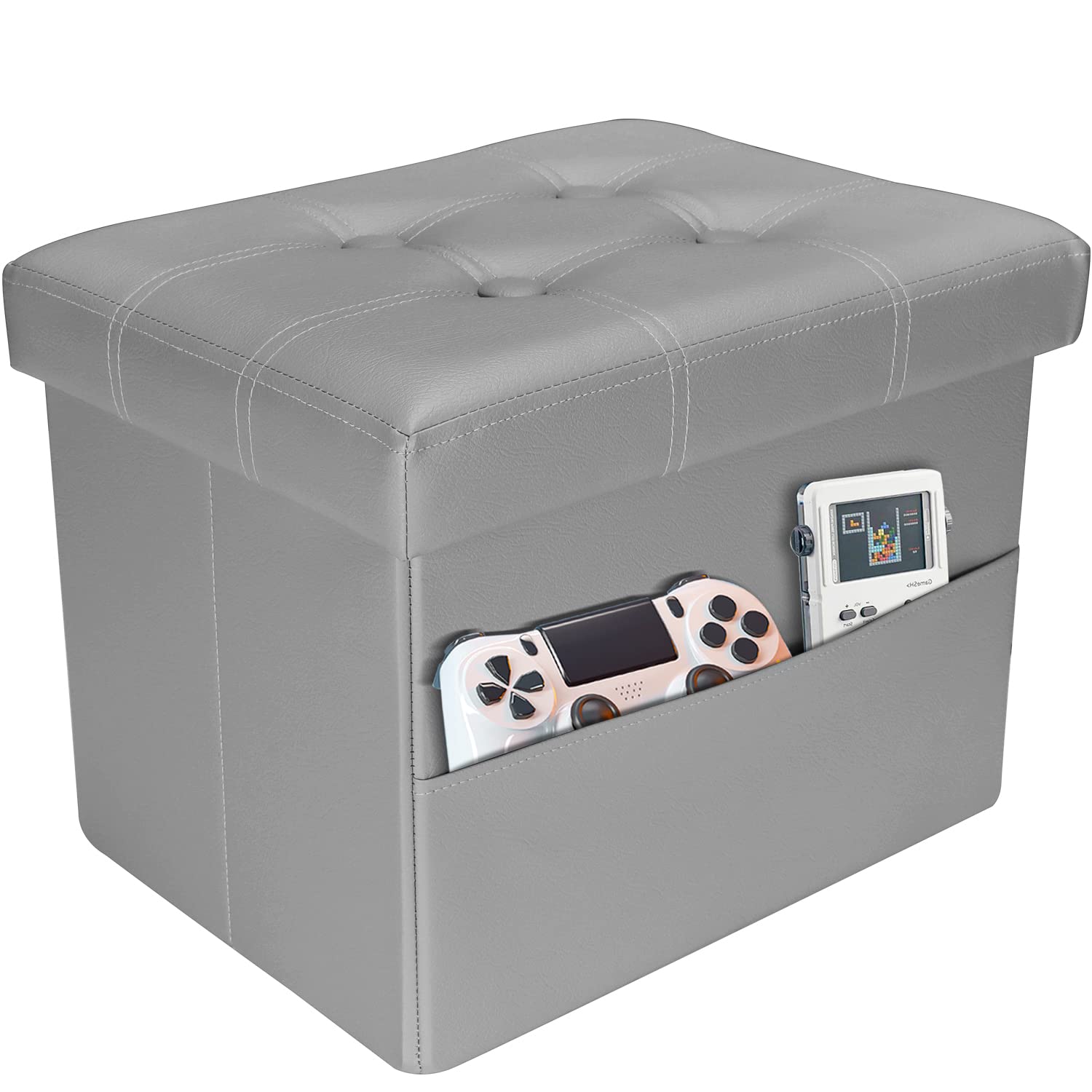 AmasSmile Storage Ottoman Folding Foot Rest Stool with Side Pocket, 16 inch Leather Footstool Bench, Short Ottoman Bench, Storage Foot Rest Store,