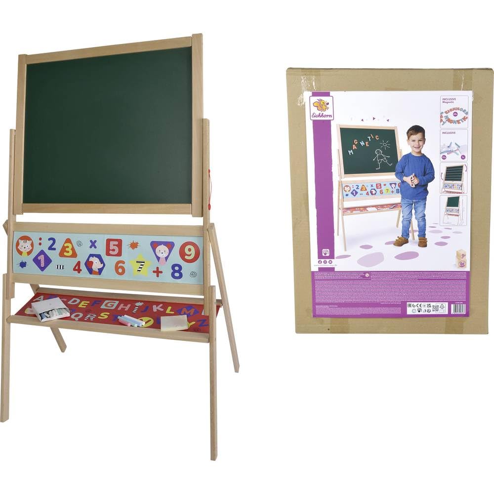 Eichhorn-Magnet Standtafel, Kindertafel mit 48 Magnetbuchstaben, 10 Kreiden, Schwamm, zweiseitig beschreibbar, mit Ablage, drehbar, 60 teilig, 66x110 cm, aus Buchenholz, ab 3 Jahren, Bunt, 100002589