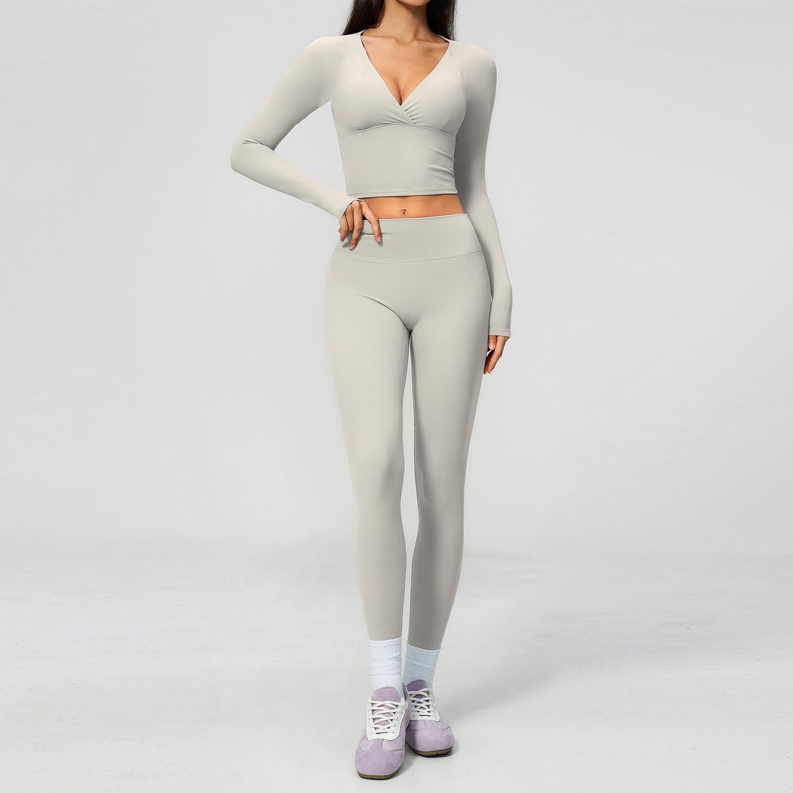 Tuta sportiva da donna, 2 pezzi, a maniche lunghe, per jogging, allenamento, traspirante, a vita alta, per yoga, per il tempo libero