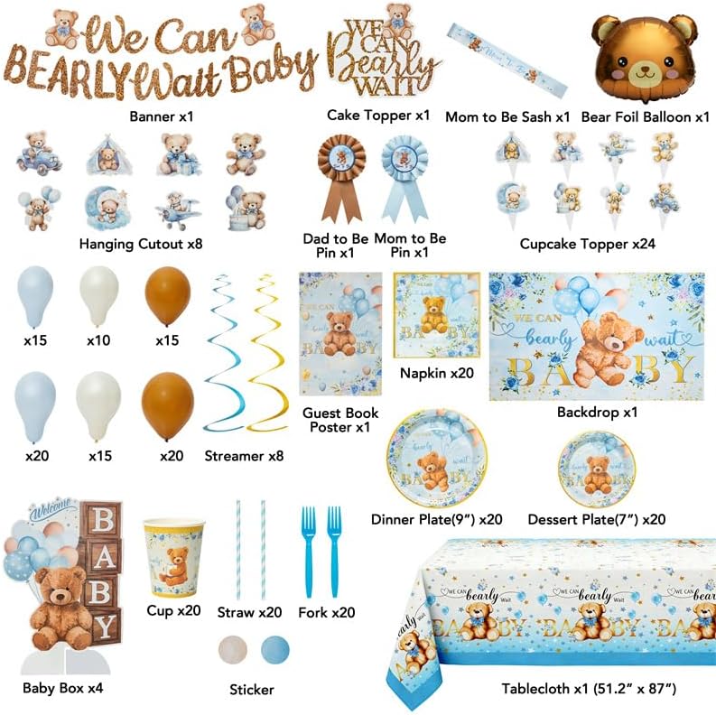 Baby Shower Decorations for Boy or Girl All-in-1 Bear Theme Party Decor Set We Can Bearly Wait Teddy Bear Baby Shower Supplies Blue and Brown Balloon Arch Kit Backdrop and Tableware & Boxes