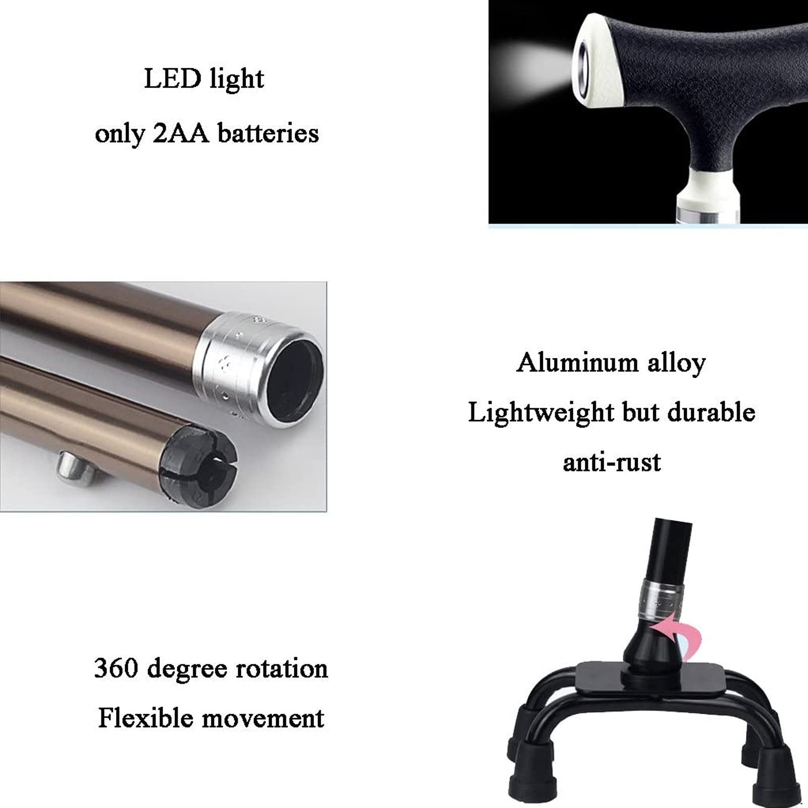 Bastón con luz led, bastón de bastón Ajustable con Hombres y Mujeres, bastón para Viajes portátiles-Plegable Equilibrio Movilidad de Movilidad (Color : Negro)