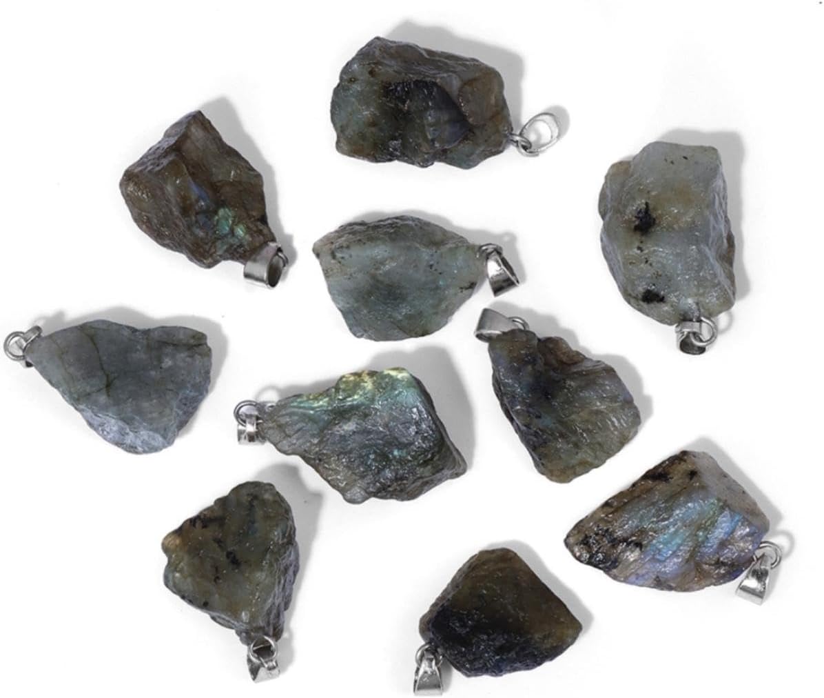 10pcs Irregular Raw Natural Labradorite Rock Stone Pendant Healing Crystal Chakra Gemstone Charm for Jewelry Making DIY Necklace Earrings Accessories Reiki