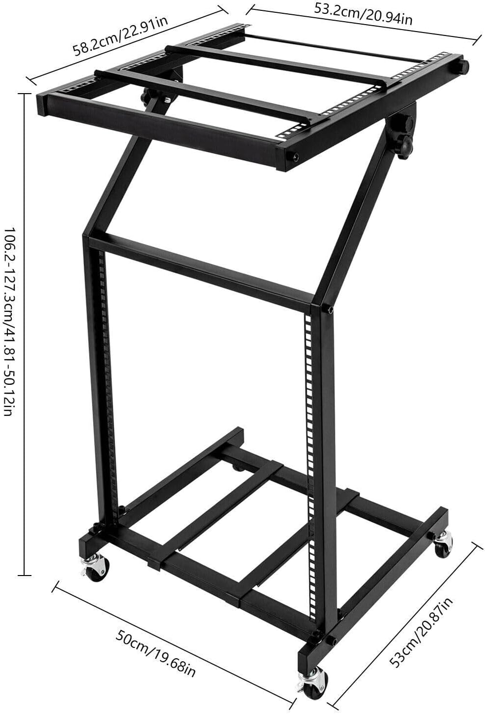 DJ Mixer Stand Adjustable Rack, 2 Layer Rack Mount Mixer Case Stand with 4 Universal Wheels Supporting Crossbars and Adjustable Angle Studio Adjustable Stage Cart for Home, Office Concert Venues Etc