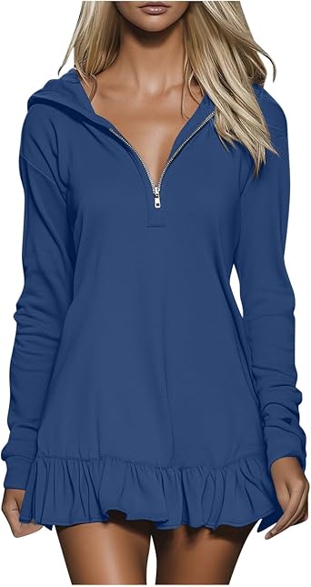Hoodie Dress for Women Casual Long Sleeve Quarter Zip Mini Dresses V-Neck Ruffle Hem Oversized Sweatshirt Dress