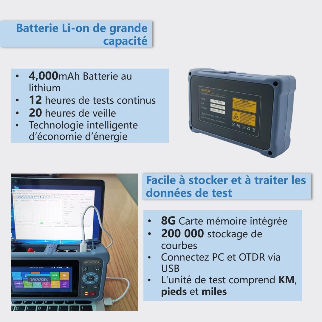 OTDR Fibre Optique 1310/1550nm 26/24dB avec écran tactile de 4,3 pouces, Reflectometre fibre optique OTDR 11-en-1 avec carte des événements VFL OPM OLS RJ45, connecteurs FC/UPC SC ST LC inclus